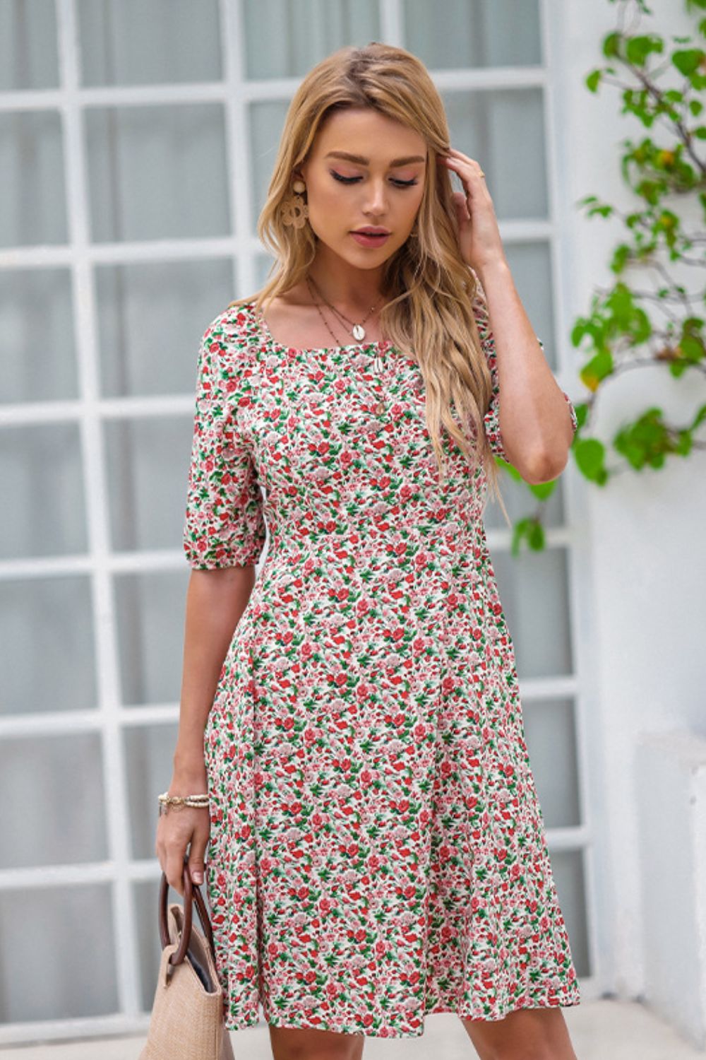Floral Square Neck A-Line Dress