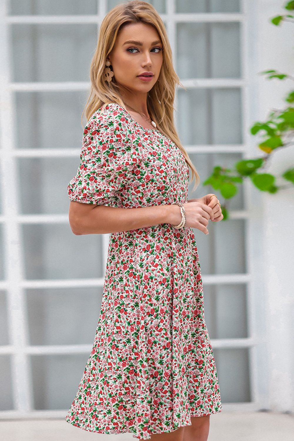 Floral Square Neck A-Line Dress