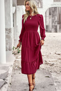 Smocked Round Neck Flounce Sleeve Midi Dress