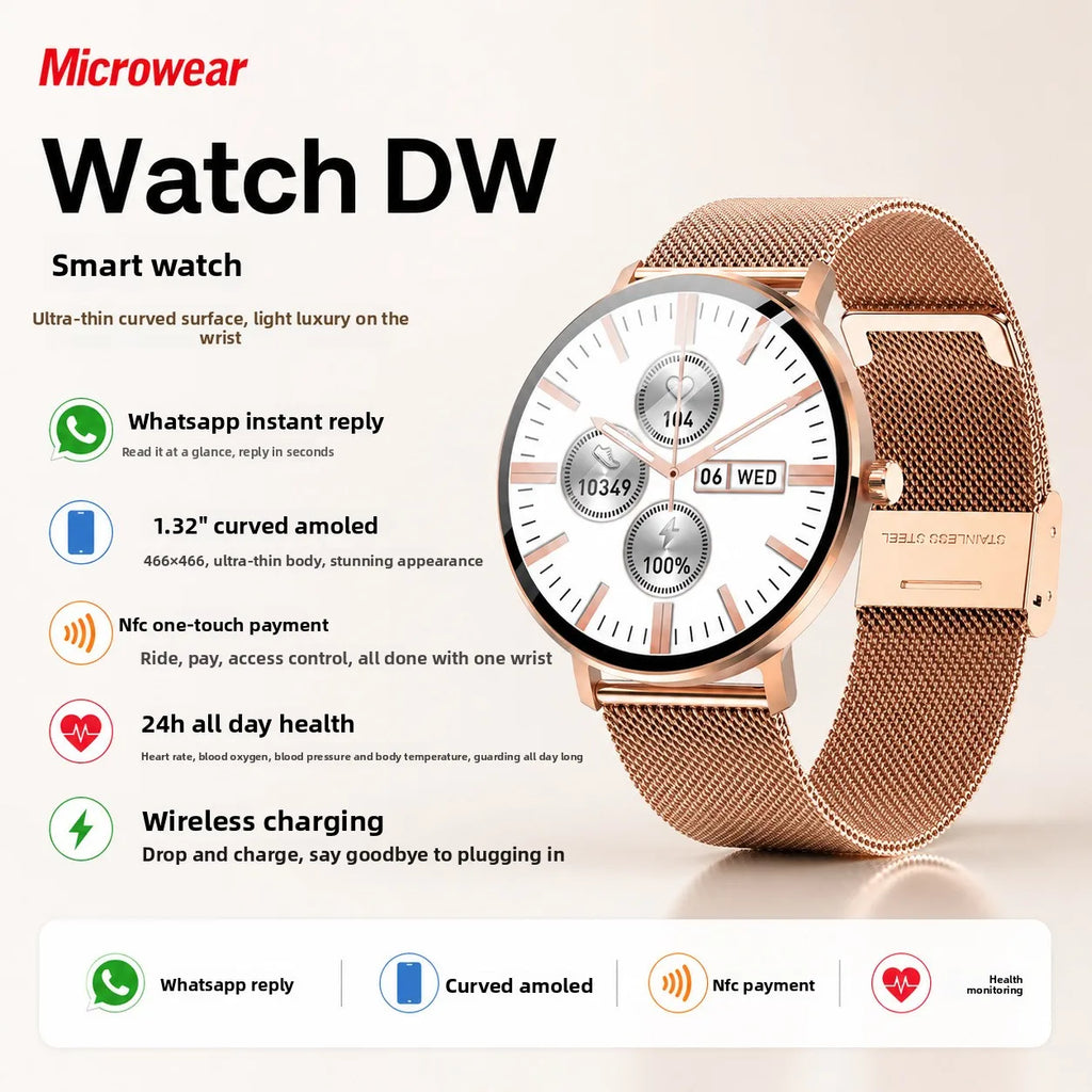 [Original Straight Hair] Round AMOLED Smart Watch with Silicone Band WhatsApp for Call Health Monitoring & NFC