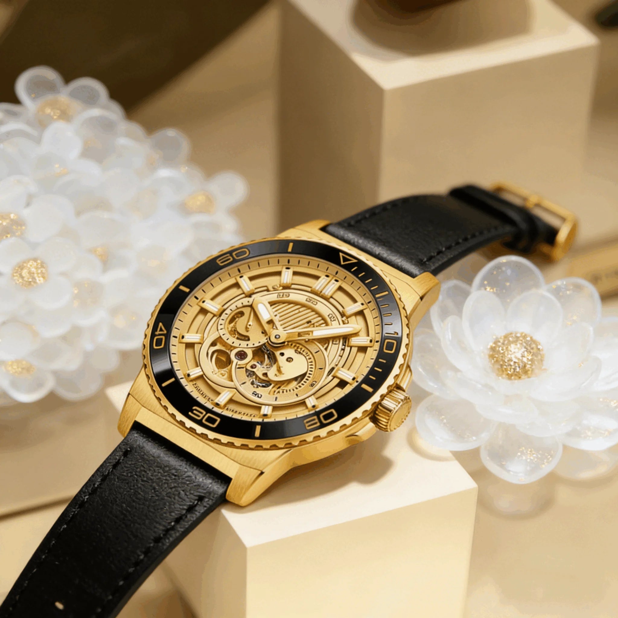 HIPINE Dual Movement Gold Android Smart Watch-Luxury Business Design AMOLED Screen 50m Water Resistant Real-Time Health Tracker