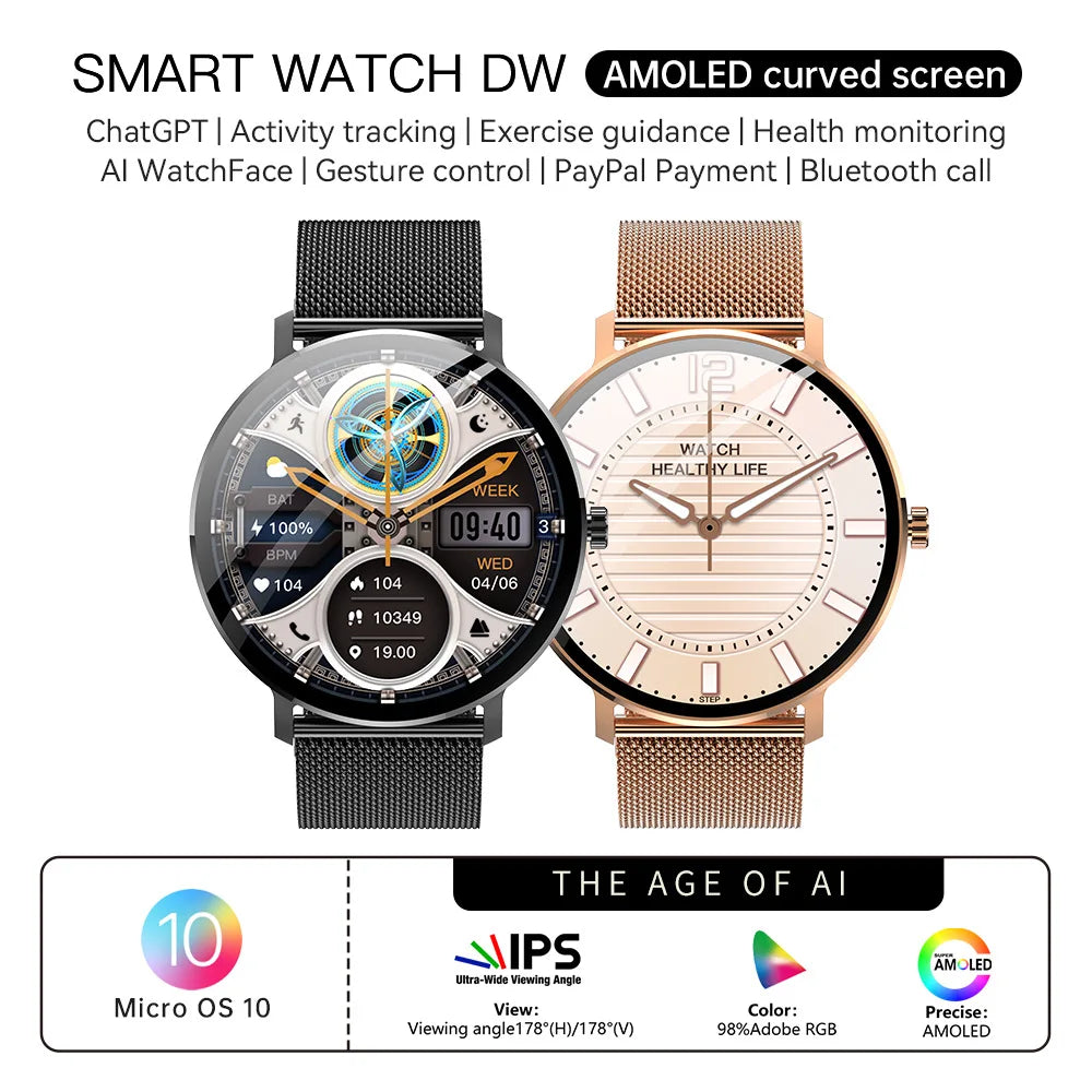 [Original Straight Hair] Round AMOLED Smart Watch with Silicone Band WhatsApp for Call Health Monitoring & NFC