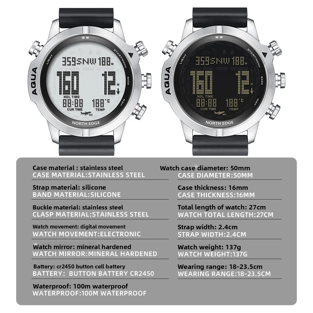 Mens Outdoor Sports More 100m Waterproof Silicone Smart Dive Computer Watch Altitude Barometer Compass Temperature Display