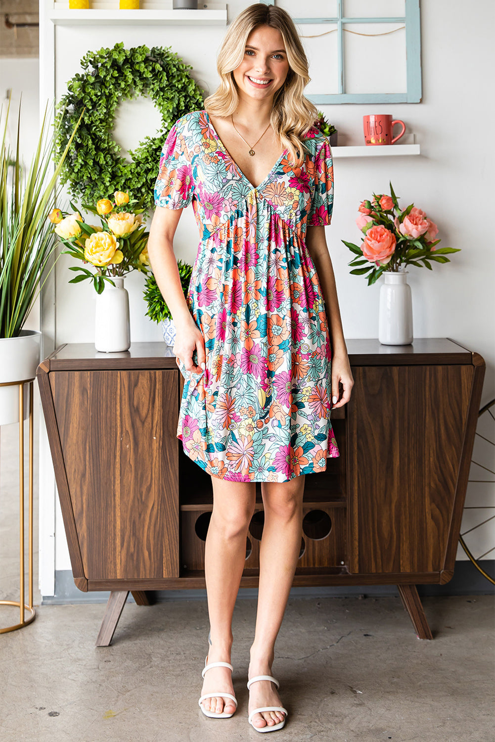 Floral Deep V Short Sleeve Tie Back Dress